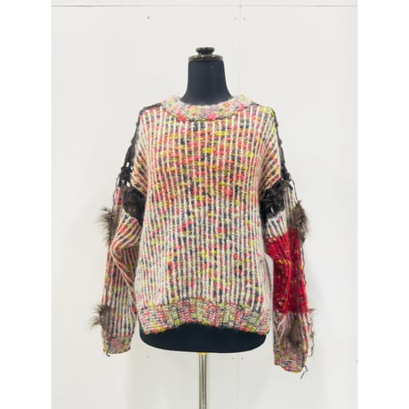 Colorful  mesh-stitch knit2 (+ feather yarn)