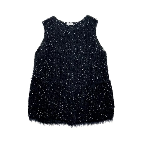 Pom Pons fur long gilet < black × white dots >