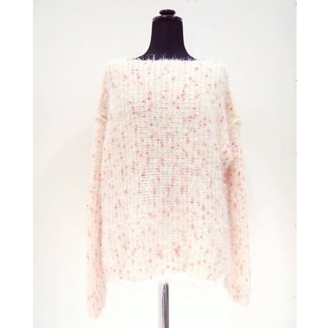 Pom Pons fur knit < WHITE×PINK dots >
