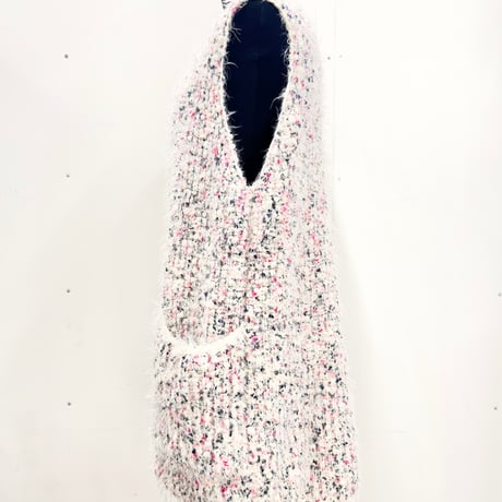 Pink flag fur long gilet < White×pink-black flag>