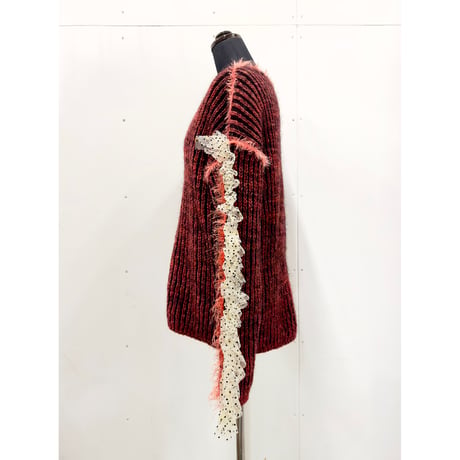 Dot frill sleeve knit (Dark red)