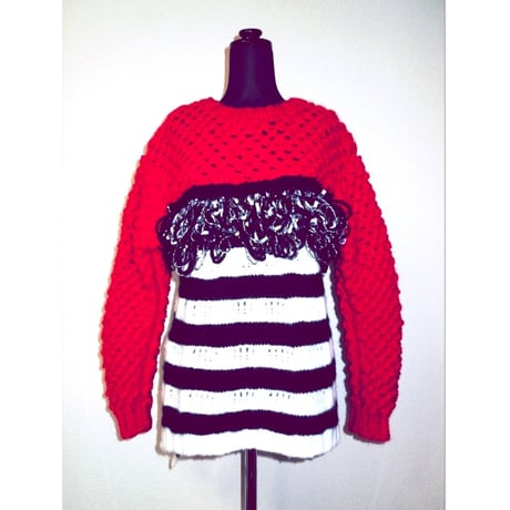 fringe border knit < Red_Unisex >