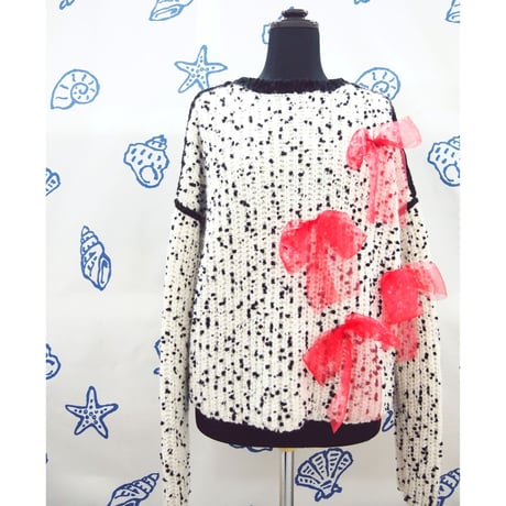 Pon Pon Ribbon knit < White / Black >