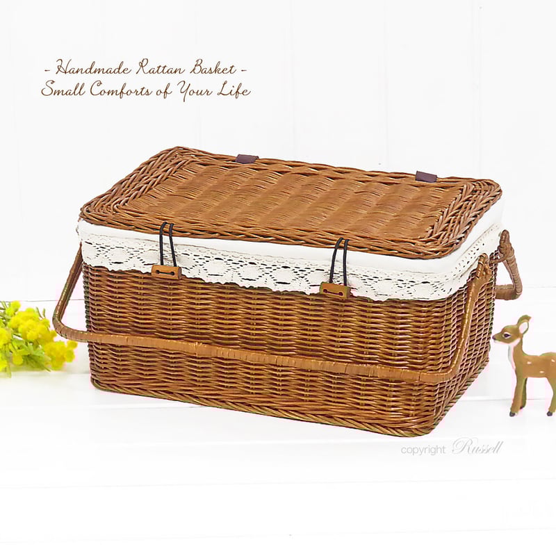 品番WF569-NA ふた付き布付き籐かご ピクニックバスケット L【かごのお