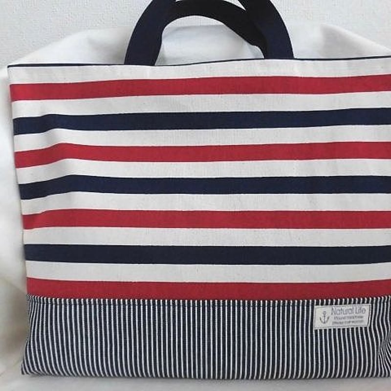 ホワイト トートバッグ 赤紺ストラップ トートバッグ29.5cm×40cm／ボーダー赤紺・ヒッコリー【tt111