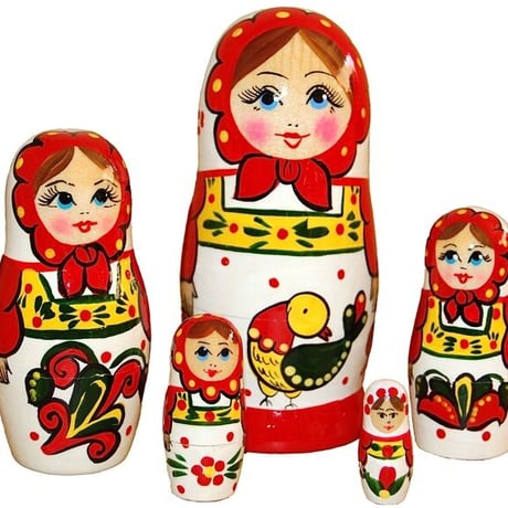 フォークロア柄 (アルハンゲリスク風)　マトリョーシカ（５人組）　ロシア製　取り扱い方の注意事項をお読みください♪