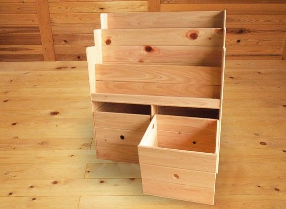 ヒノキの絵本棚（おかたづけ収納ボックスセット）［四万十ヒノキの家具