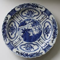 平戸　伊万里　染付　芙蓉手　隠れ蓑に花の図　６寸皿　２枚　E179AS-CSh 平戸 伊万里 染付 芙蓉手 隠れ蓑に花の図 6寸皿 2枚 E179AS-CSh