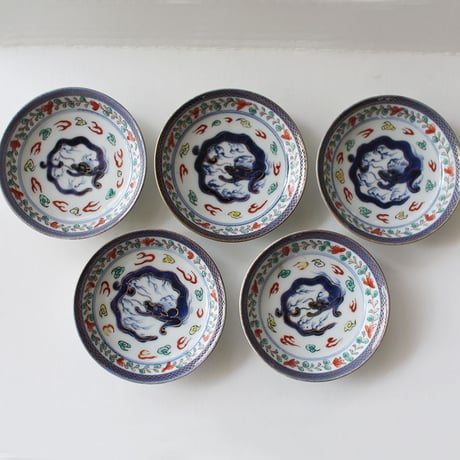 P-109  古伊万里 KOIMARI 色絵 青龍文 豆皿 ５枚セット