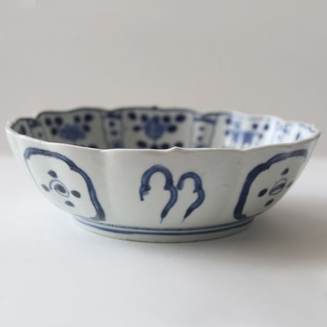 Ps-47 古伊万里 KOIMARI 染付 芙蓉手 花卉鳥文 輪花皿 ２枚セット
