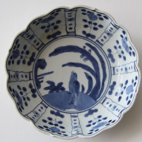 Ps-47 古伊万里 KOIMARI 染付 芙蓉手 花卉鳥文 輪花皿 ２枚セット