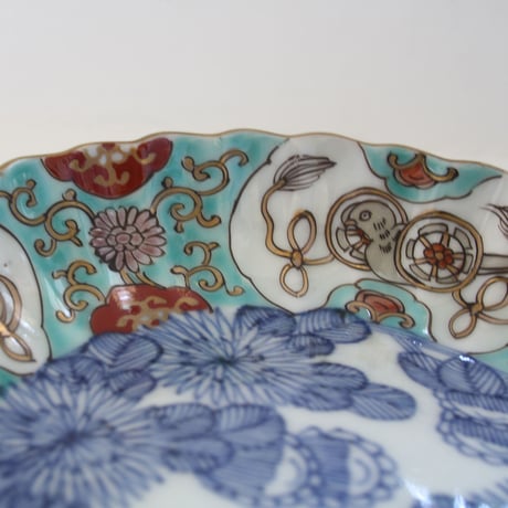 Ps-204  古伊万里 KOIMARI 染錦 花鳥文 輪花皿 2客セット