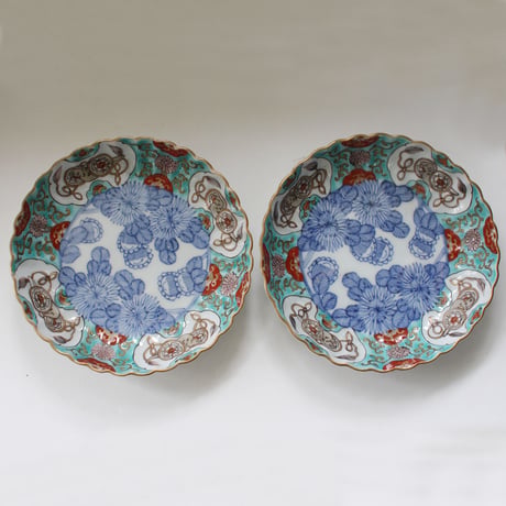 Ps-204  古伊万里 KOIMARI 染錦 花鳥文 輪花皿 2客セット