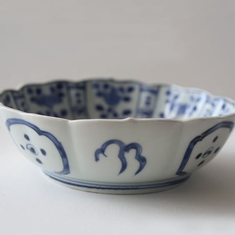 Ps-47 古伊万里 KOIMARI 染付 芙蓉手 花卉鳥文 輪花皿 ２枚セット