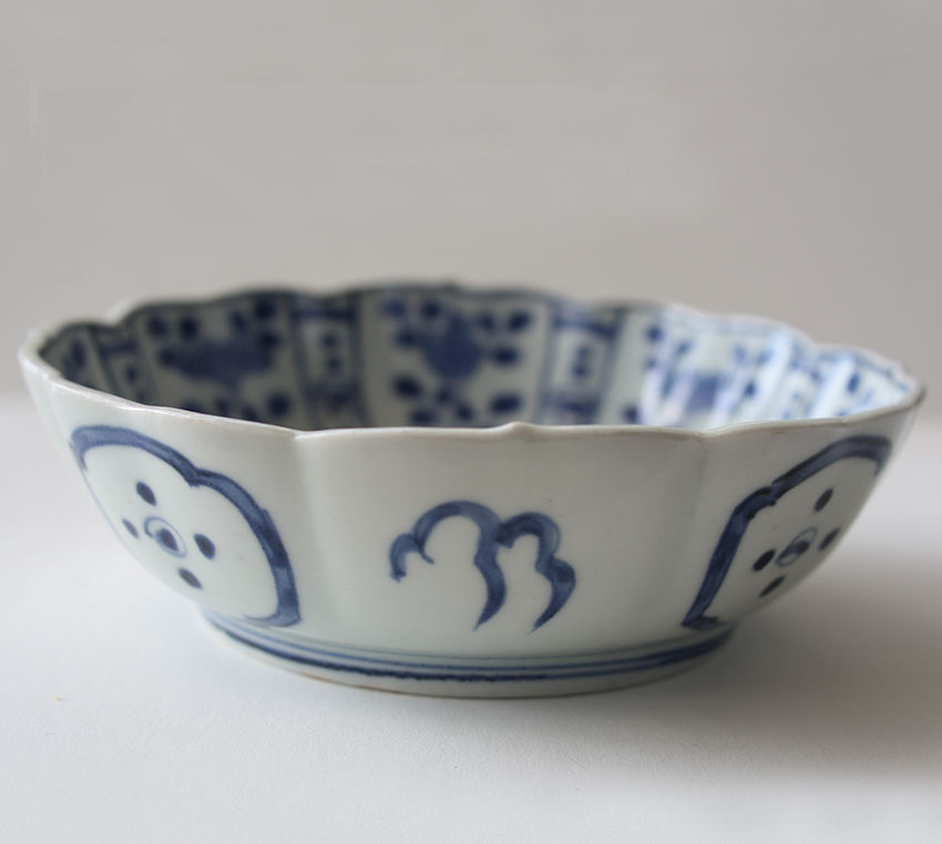 Ps-47 古伊万里 KOIMARI 染付 芙蓉手 花卉鳥文 輪花皿 2枚セット