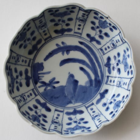 Ps-47 古伊万里 KOIMARI 染付 芙蓉手 花卉鳥文 輪花皿 ２枚セット