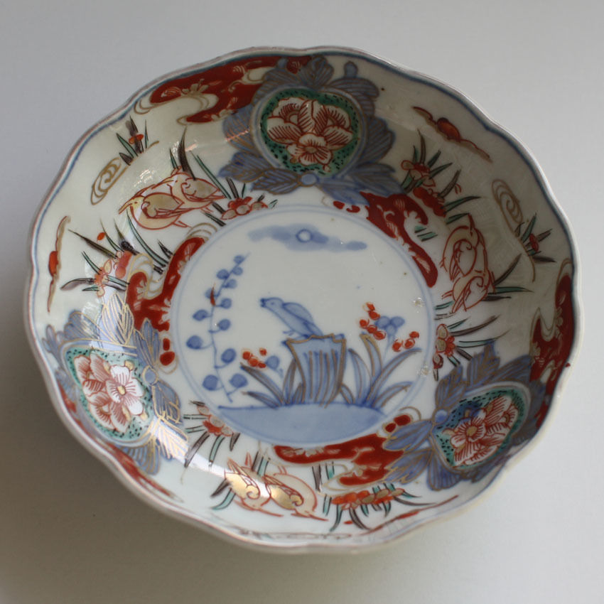 P-175 古伊万里 KOIMARI 色絵 花卉鳥文 芙蓉手 輪花皿 | imarimaru P-175 古伊万里 KOIMARI 色絵 花卉鳥文 芙蓉手 輪花皿 | imarimaru