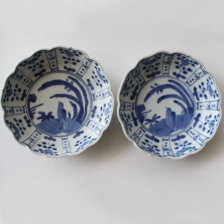 Ps-47 古伊万里 KOIMARI 染付 芙蓉手 花卉鳥文 輪花皿 ２枚セット