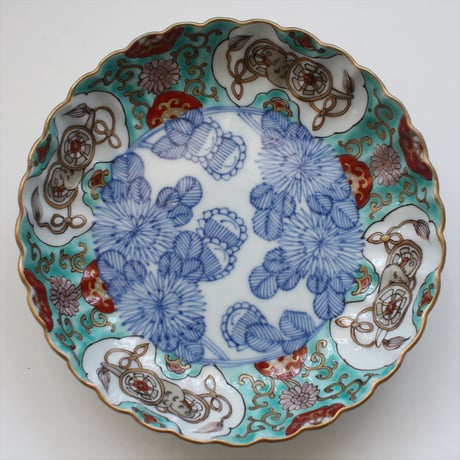 Ps-204  古伊万里 KOIMARI 染錦 花鳥文 輪花皿 2客セット