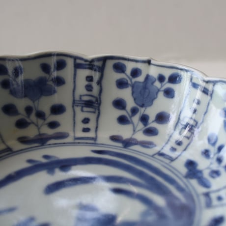 Ps-47 古伊万里 KOIMARI 染付 芙蓉手 花卉鳥文 輪花皿 ２枚セット