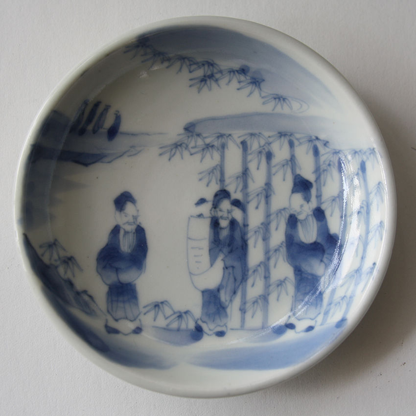 骨董　古犬山焼　色絵竹林七賢文　竹林賢人図　なます皿　江戸後期 骨董 古犬山焼 色絵竹林七賢文 竹林賢人図 なます皿 江戸後期 金