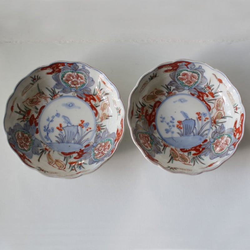 P-175 古伊万里 KOIMARI 色絵 花卉鳥文 芙蓉手 輪花皿 | imarimaru P-175 古伊万里 KOIMARI 色絵 花卉鳥文 芙蓉手 輪花皿 | imarimaru