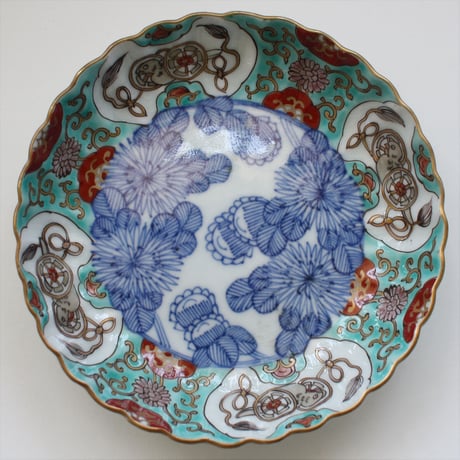 Ps-204  古伊万里 KOIMARI 染錦 花鳥文 輪花皿 2客セット