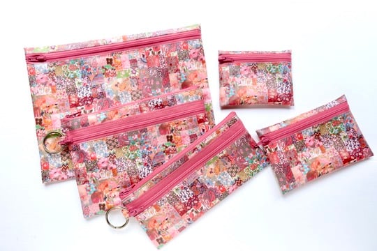 ラミネートポーチ（大）・アーカイブパッチワーク・ピンク