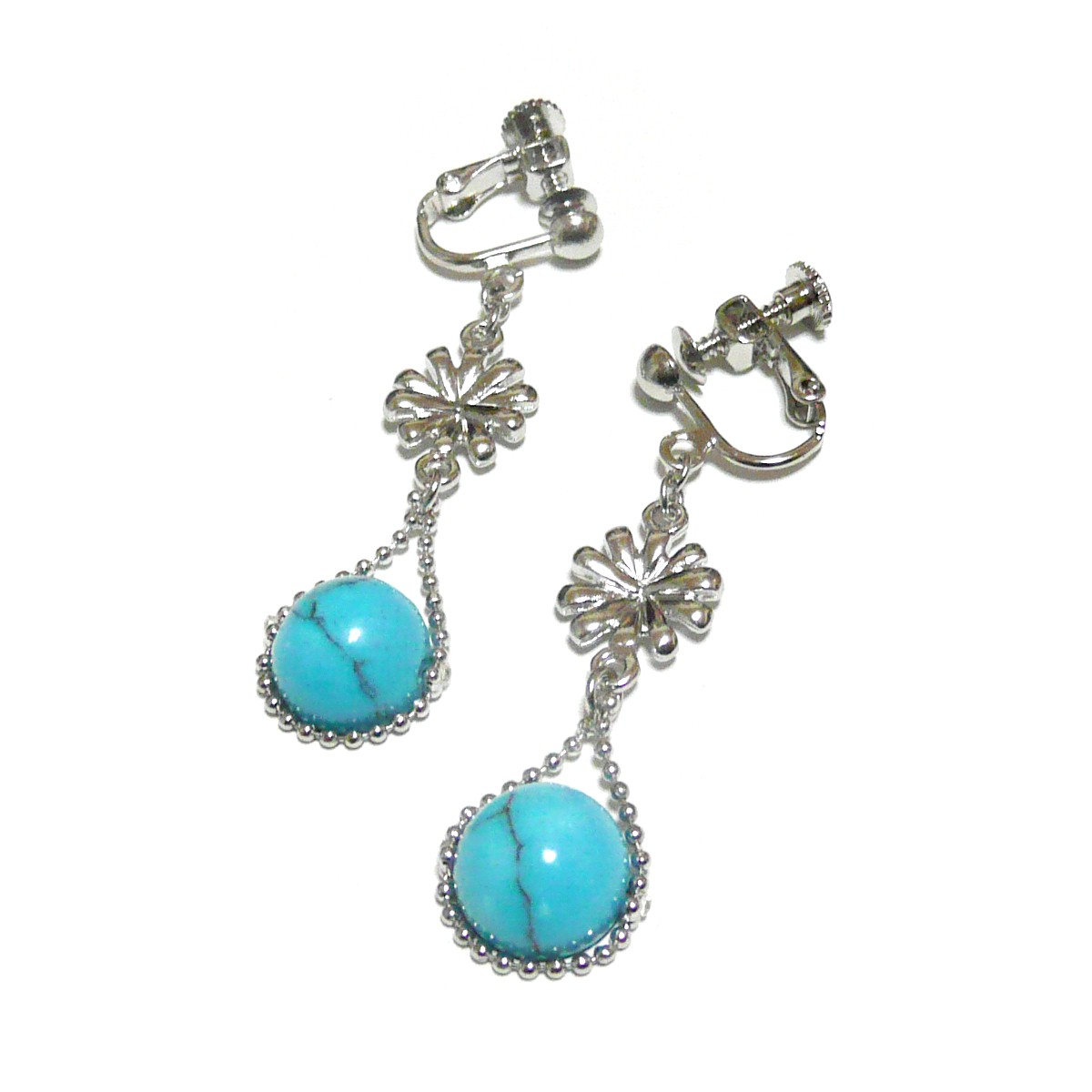 ターコイズ イヤリング 菊 トルコ石 10mm 爽やかなブルー フラワー