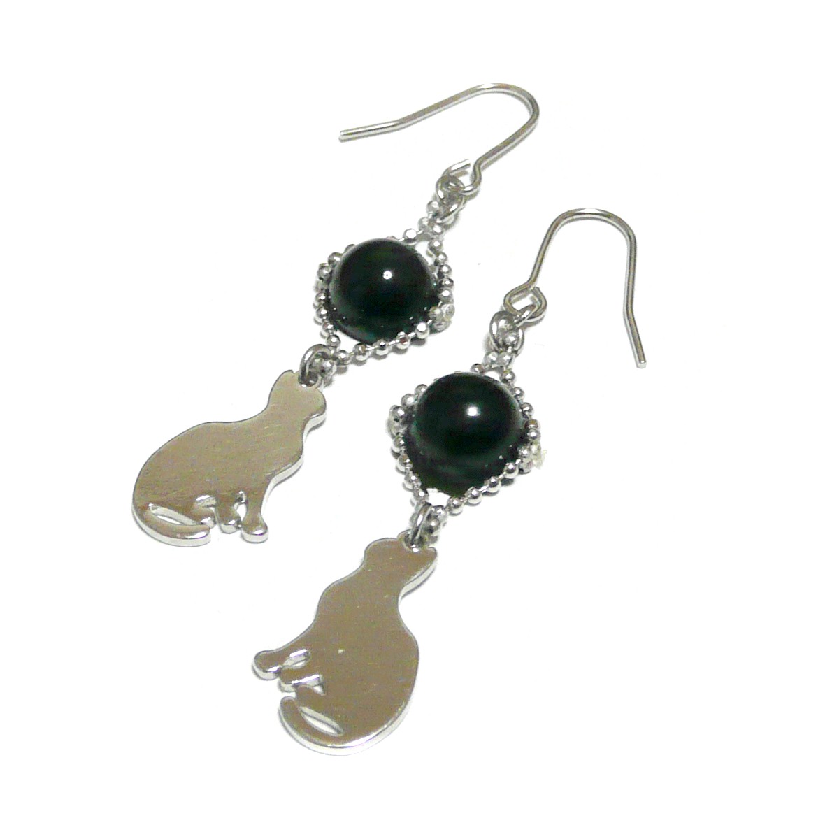 モリオン ピアス 猫 チャーム ネコ 黒水晶 シルバーカラー 【 銀ねこ