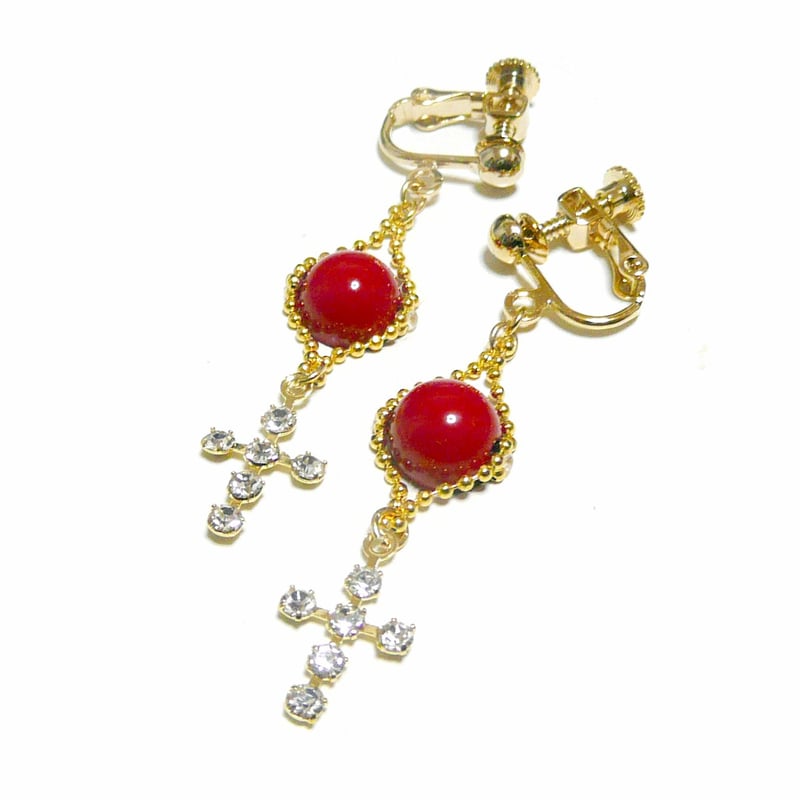 イヤリング 赤珊瑚 繊細 十字架 キュービック 金色 ゴールドカラー