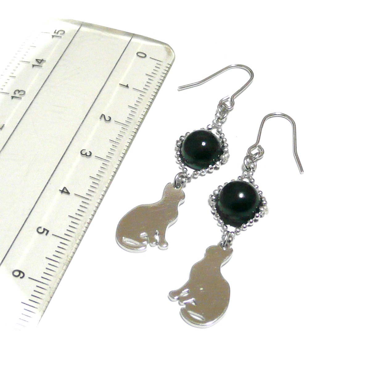 モリオン ピアス 猫 チャーム ネコ 黒水晶 シルバーカラー 【 銀ねこ