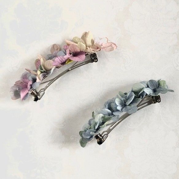 バレッタ押し花アジサイ カントリー調 他ピアス 髪飾り プリザーブド