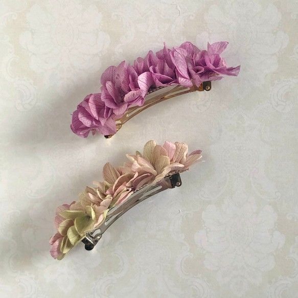 バレッタ押し花アジサイ カントリー調 他ピアス 髪飾り