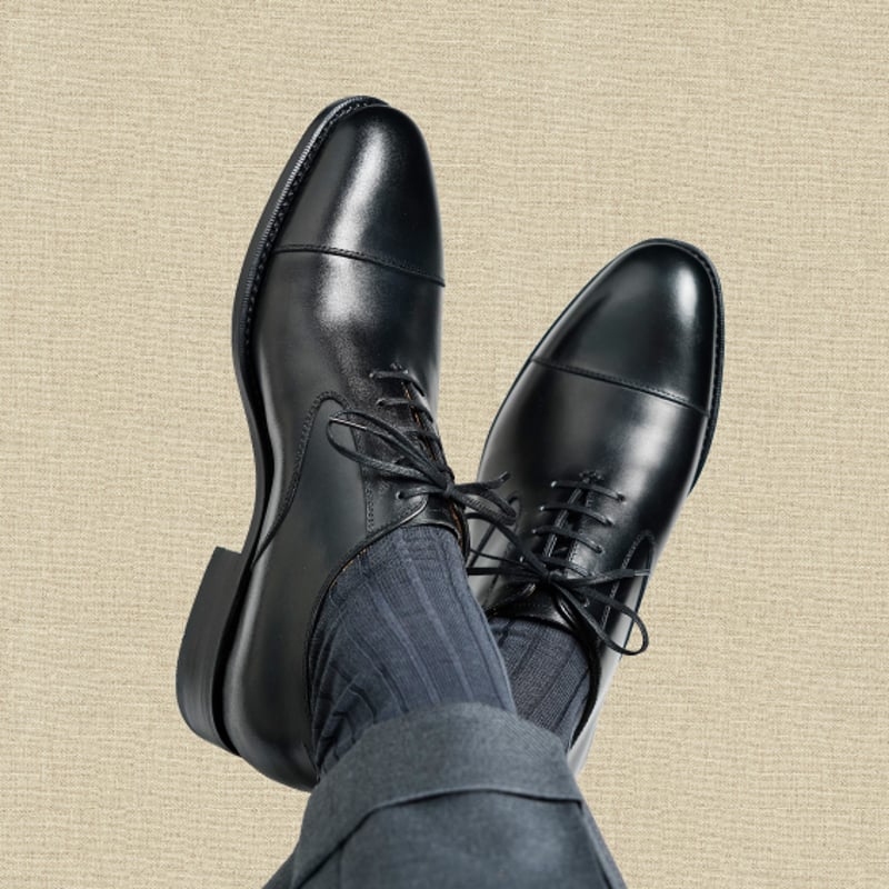 フランス アノネイ社製ボックスカーフ｜Swan neck cap toe oxford bla