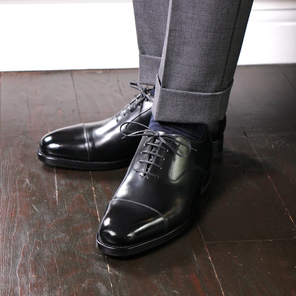 フランス アノネイ社製ボックスカーフ｜Swan neck cap toe oxford bla