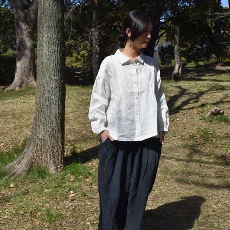 nous rendent heureux リネンウエストギャザー長袖ブラウス