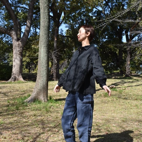 nous rendent heureux リネンウエストギャザー長袖ブラウス