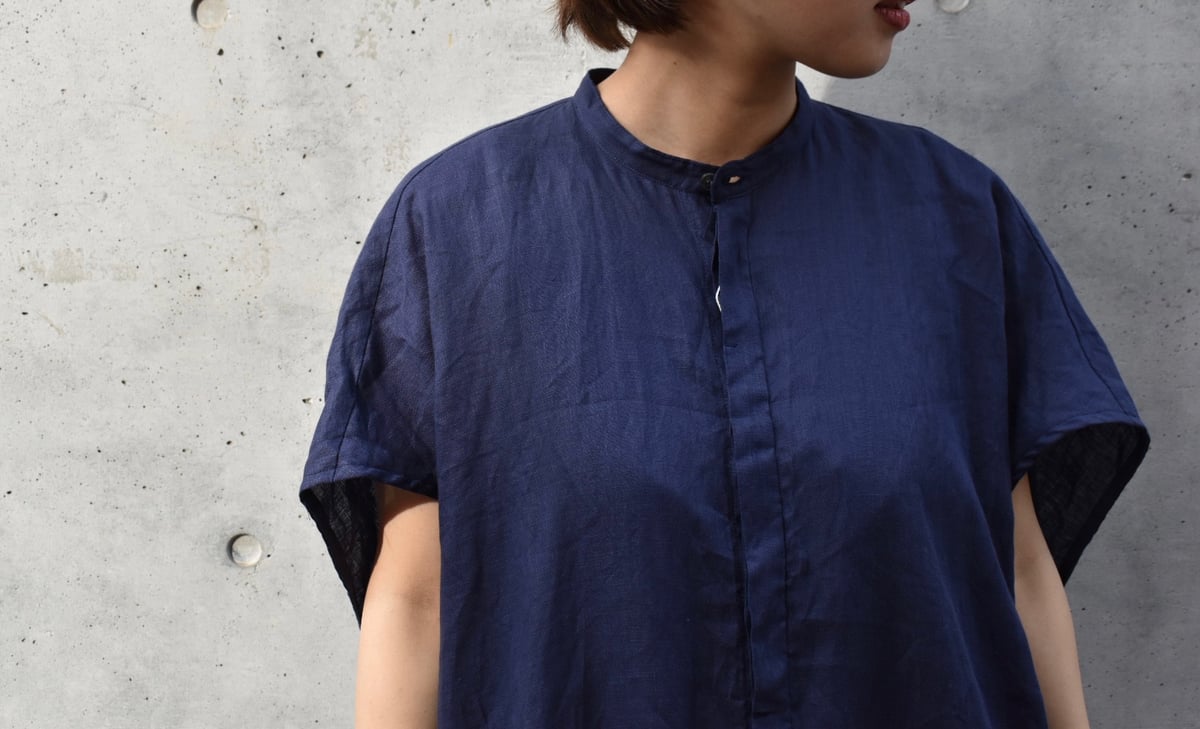 UNIVERSAL TISSU ロングシャツワンピース ノーカラー 比翼ボタン UNIVERSAL TISSU ユニバーサルティシュ フレンチリネン 比翼開き