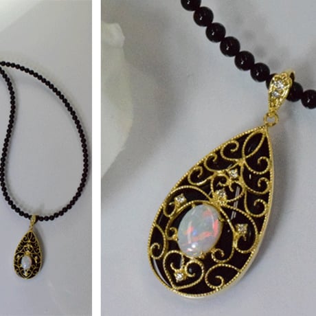 K18YG　オニキスダイヤモンドオパールペンダントネックレス 18K Onyx Diamond Opal Necklace 34181-150　WAYZ