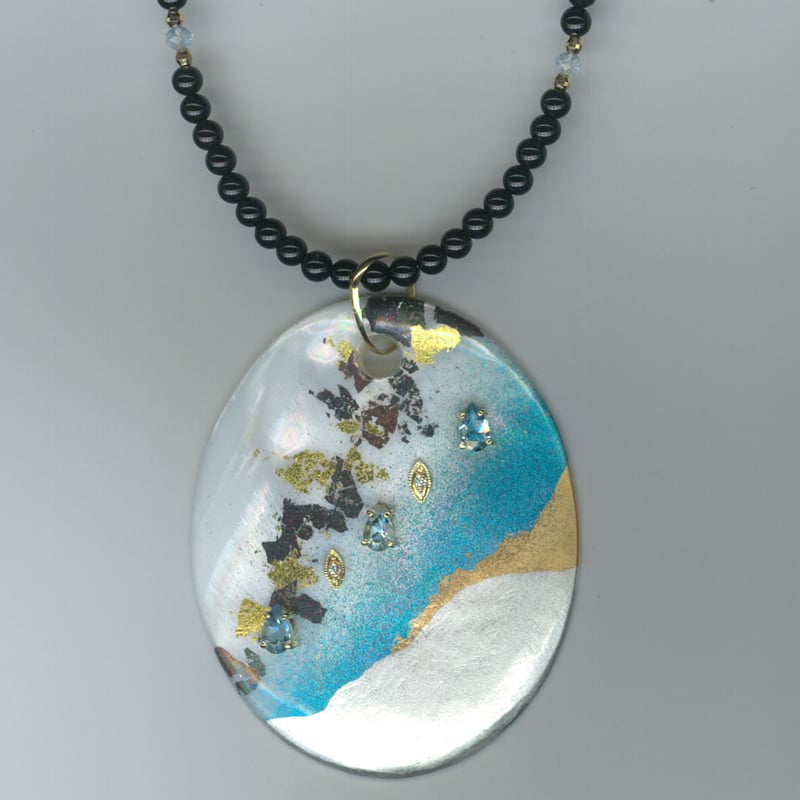 K18箔蒔絵白蝶貝/アクア/ダイヤネックレス 34452-134 QCHZ K18箔蒔絵白蝶貝/アクア/ダイヤネックレス 34452-134 QCHZ