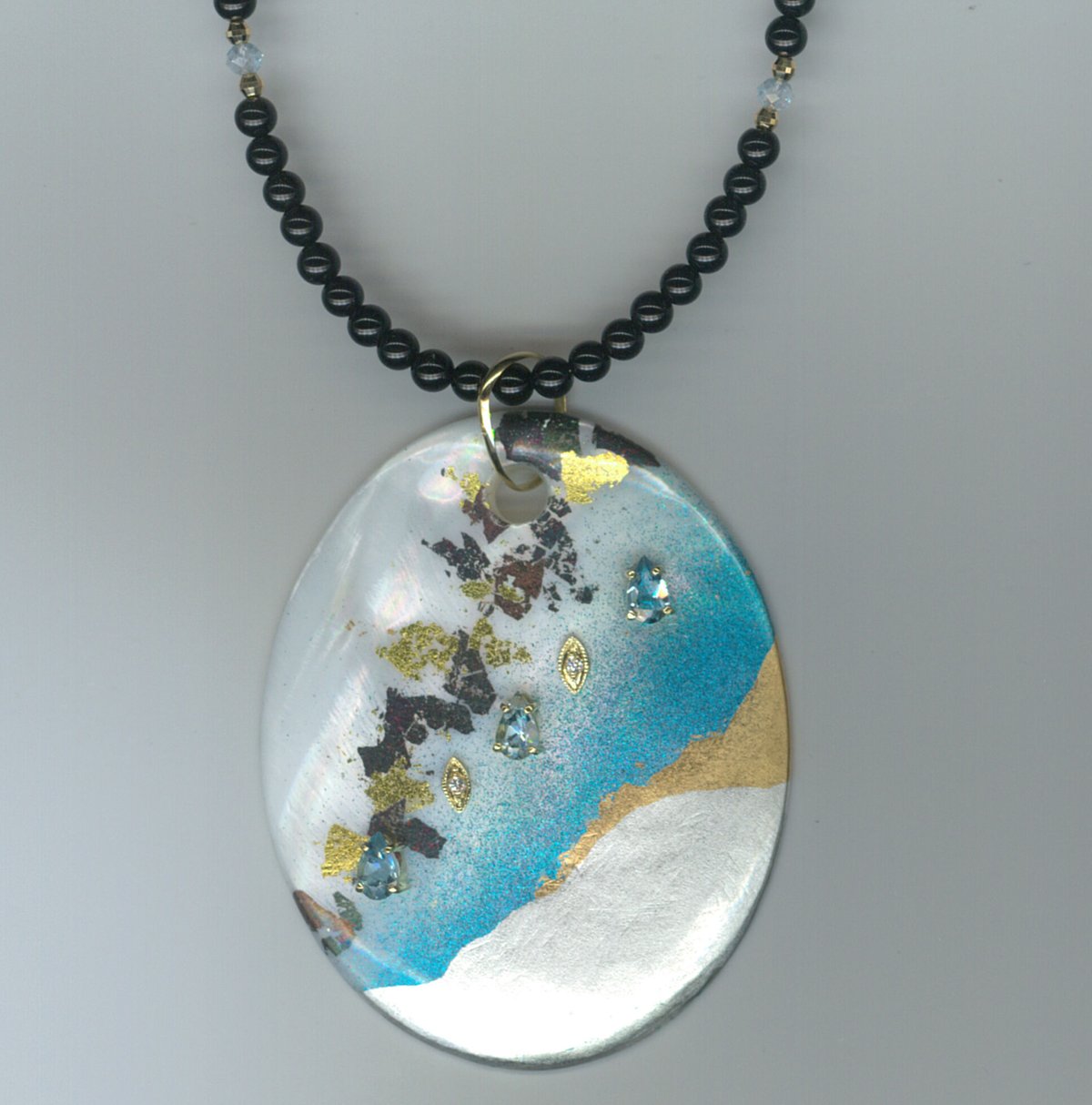 K18蒔絵 白蝶貝/アクア/ダイヤ ネックレス 34452-134 wDEFY