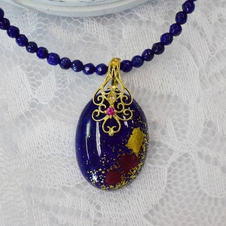 K18 ラピスラズリ ルビー 金箔ペンダント ネックレス◇18K LapisLazuli Ruby Makie Pendant beads Necklace　34107-160 NCCZ