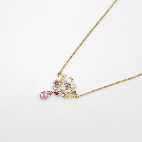 K18 ロマンティックピンク＊フラワーとティアドロップのネックレス モルガナイト ピンクサファイヤ ルビー ピンクトルマリン ピンクトパーズ 40043-000