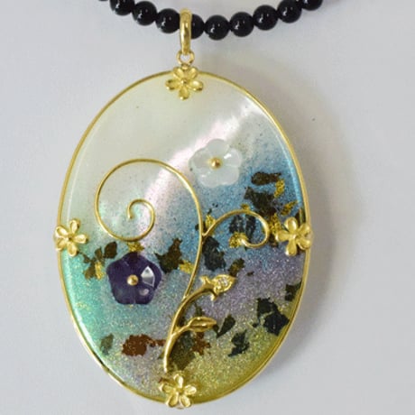 K18 白蝶貝 ダイヤモンド 箔蒔絵 ペンダント ◇18k Gold Lacquer Necklace　34167-134 WIBZ