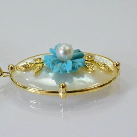 K18 白蝶貝トルコ石パールダイヤモンドネックレス◇18K White Shell Mother of Pearl Turquoise Pearl Necklace　33416-134 WEHZ