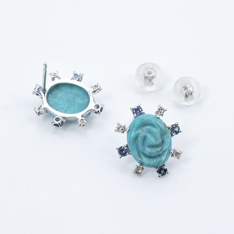 K18 WG ターコイズ ローズカメオ ゴールド ピアス サファイヤ ダイヤモンド 薔薇  トルコ石 82042-336 wDEZ