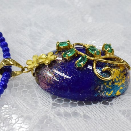 K18 ラピスラズリ エメラルド 金箔ペンダント ネックレス◇18K Lapis lazuli Makie Pendant Lapis beads Necklace　33356-175 QDEZ