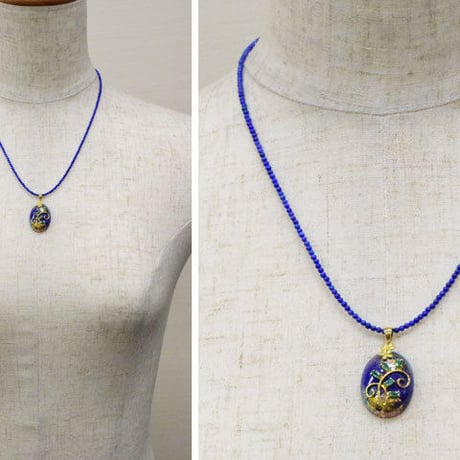 K18 ラピスラズリ エメラルド 金箔ペンダント ネックレス◇18K Lapis lazuli Makie Pendant Lapis beads Necklace　33356-175 QDEZ