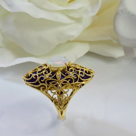 K18YG　ラピスラズリダイヤモンドオパールリング 18K Opal Lapislazuli Diamond Filigree Ring 61561-160 wBYZ